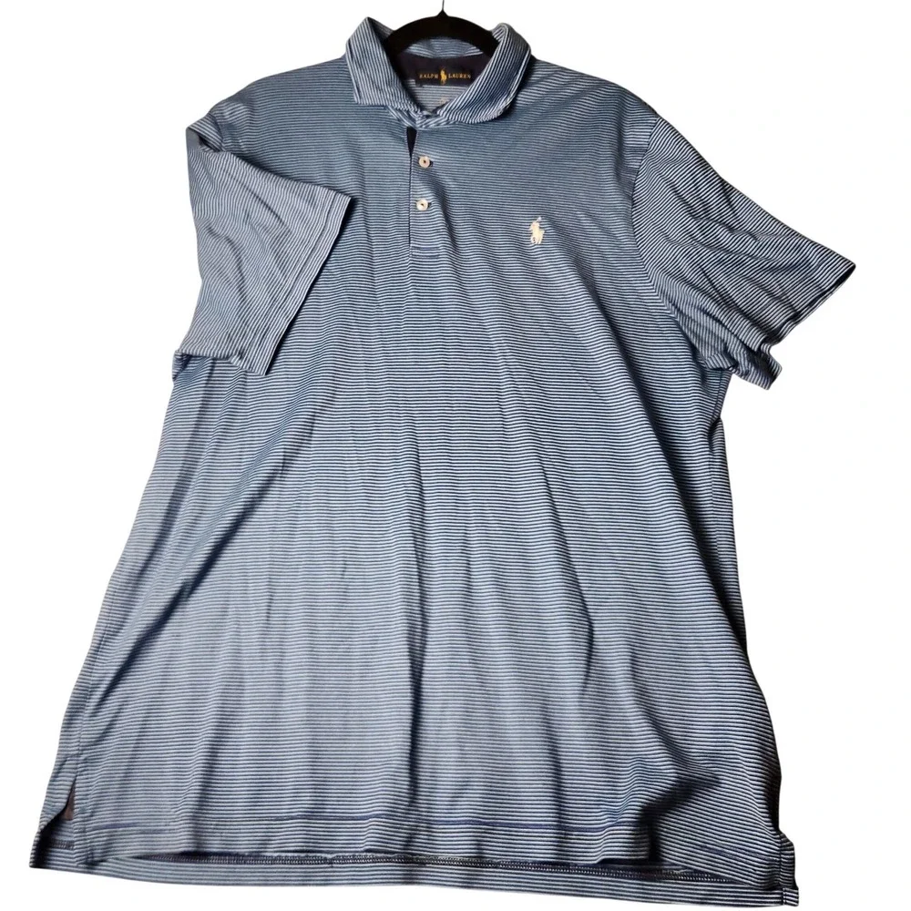 Ralph Lauren Polo Shirt Men XL Blue Striped Exclt Pro Fit Wicking Short Sleeve